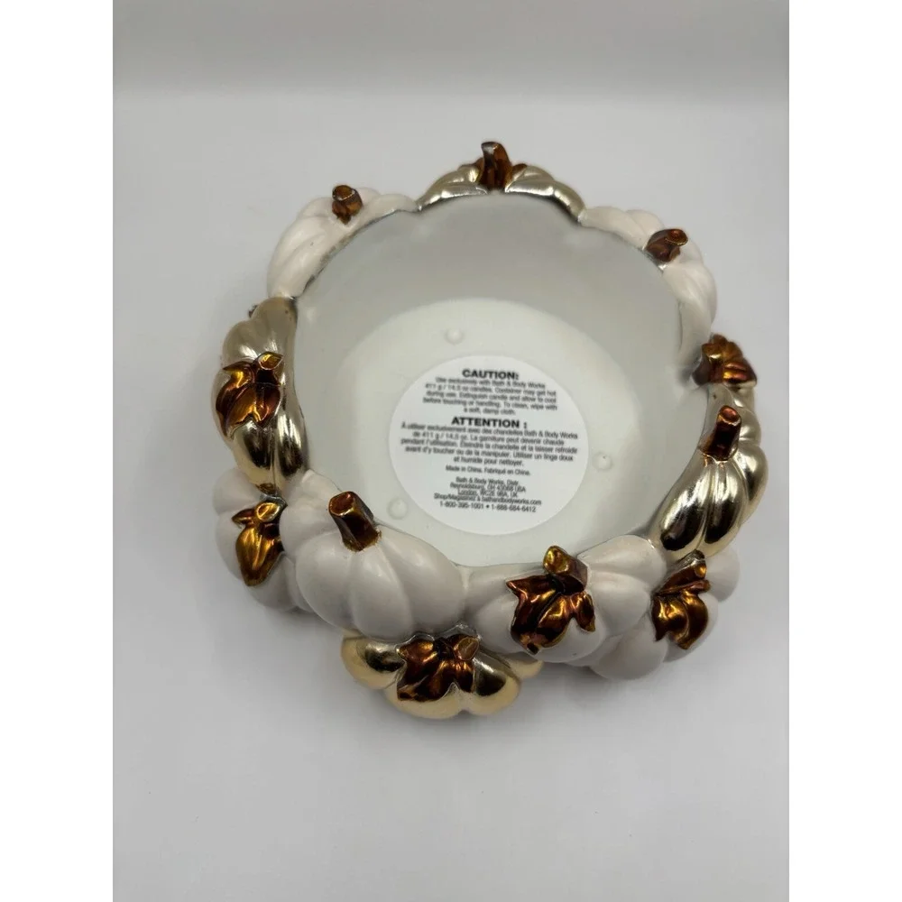 BATH & BODY WORKS WHITE & GOLD PUMPKIN PATCH CANDLE HOLDER FOR 3 WICK CANDLES